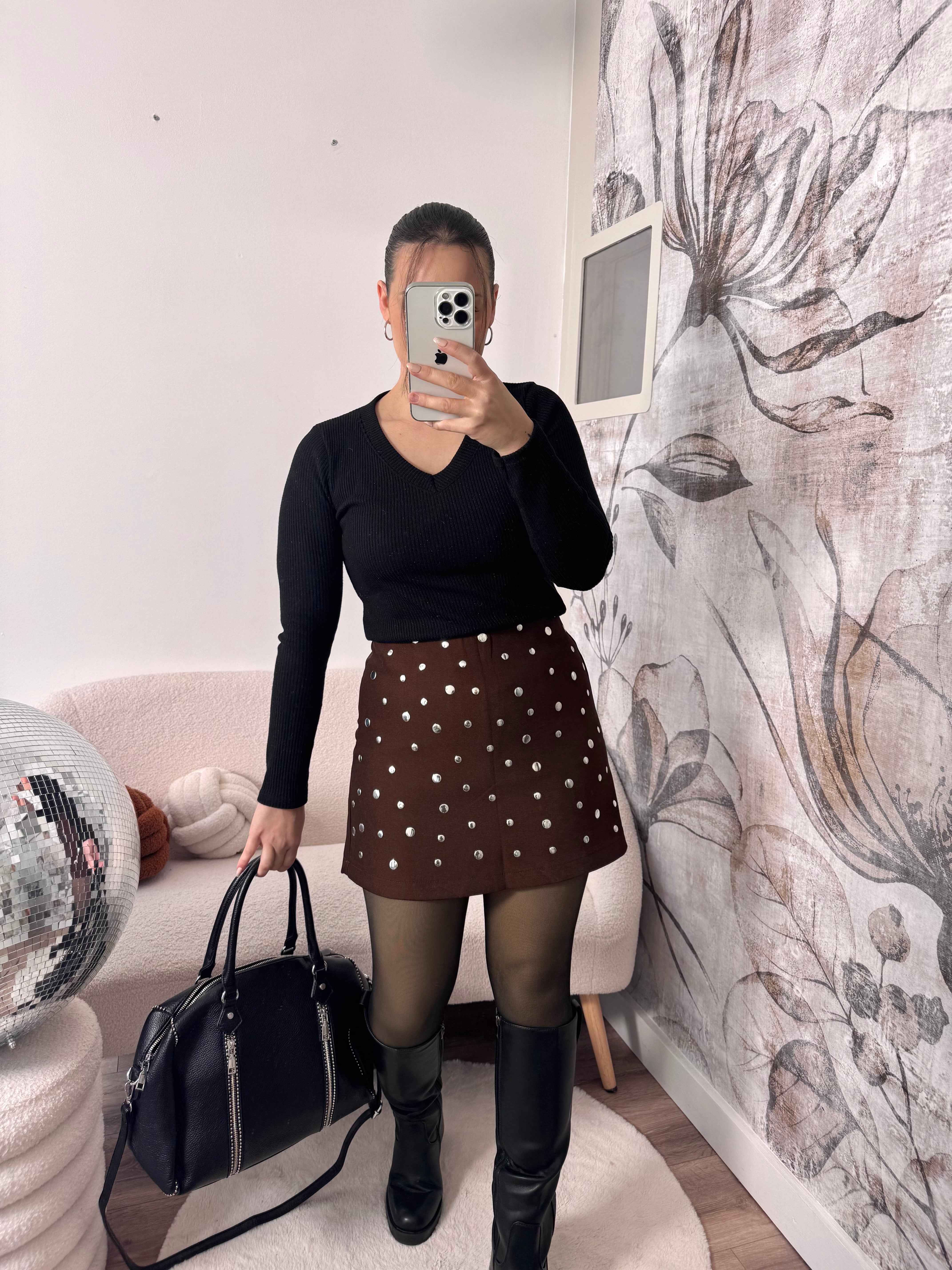 JUPE/SHORT MARRON POIS ARGENTÉ