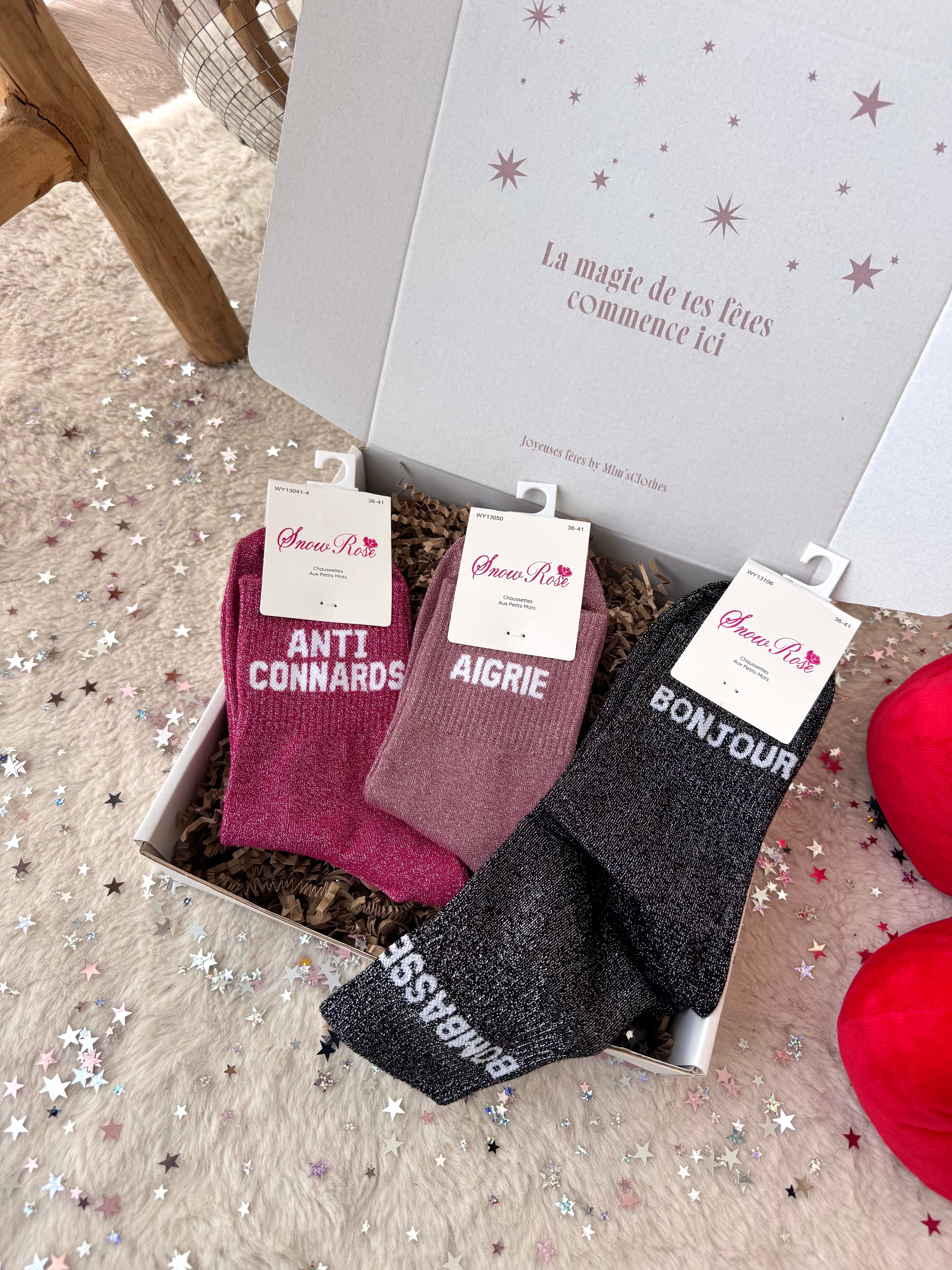 COFFRET CHAUSSETTES À PAILLETTES BONJOUR BOMBASSE/AIGRIE/ANTI CONNARD