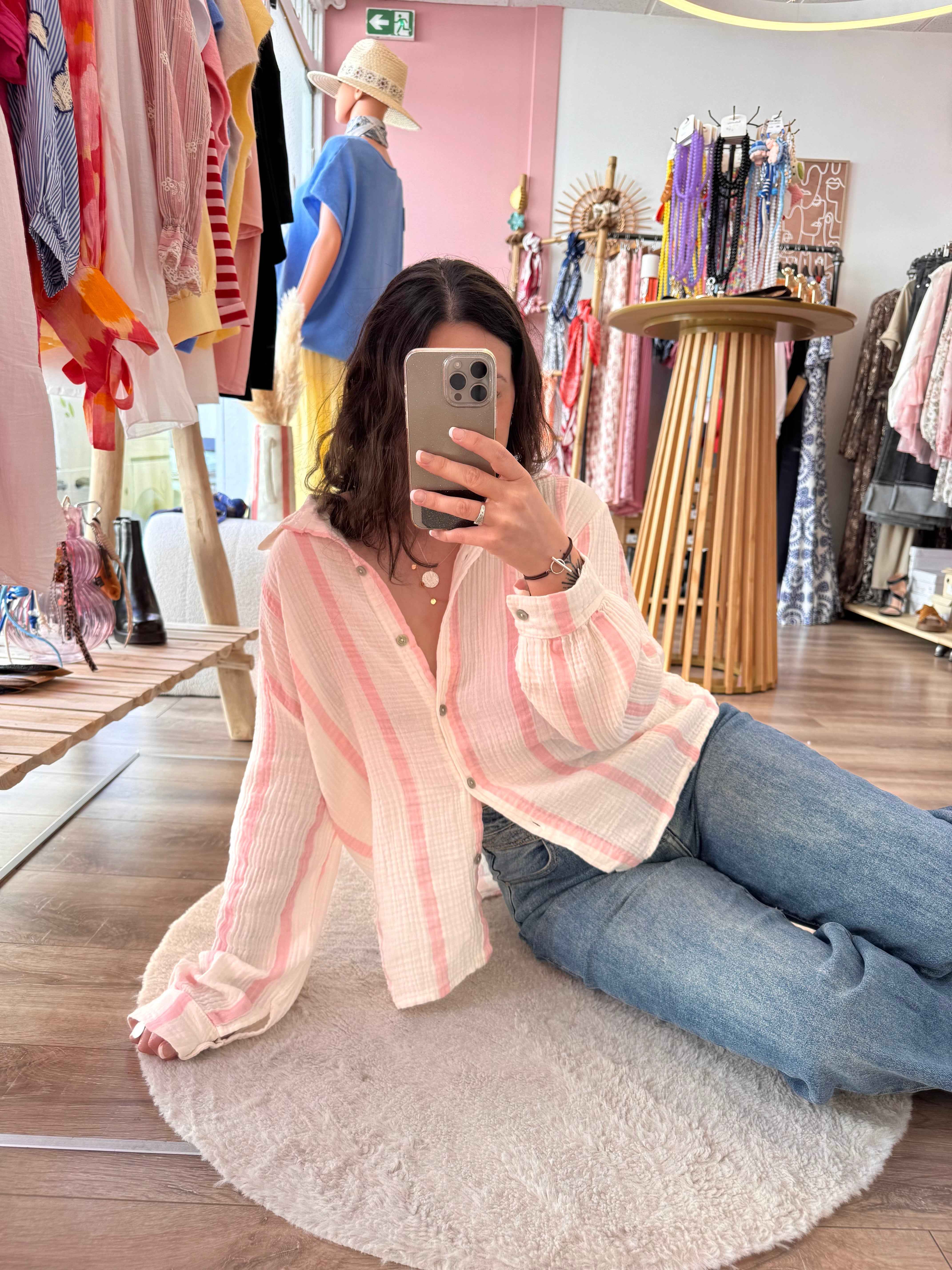 BLOUSE EN GAZE DE COTON ROSE