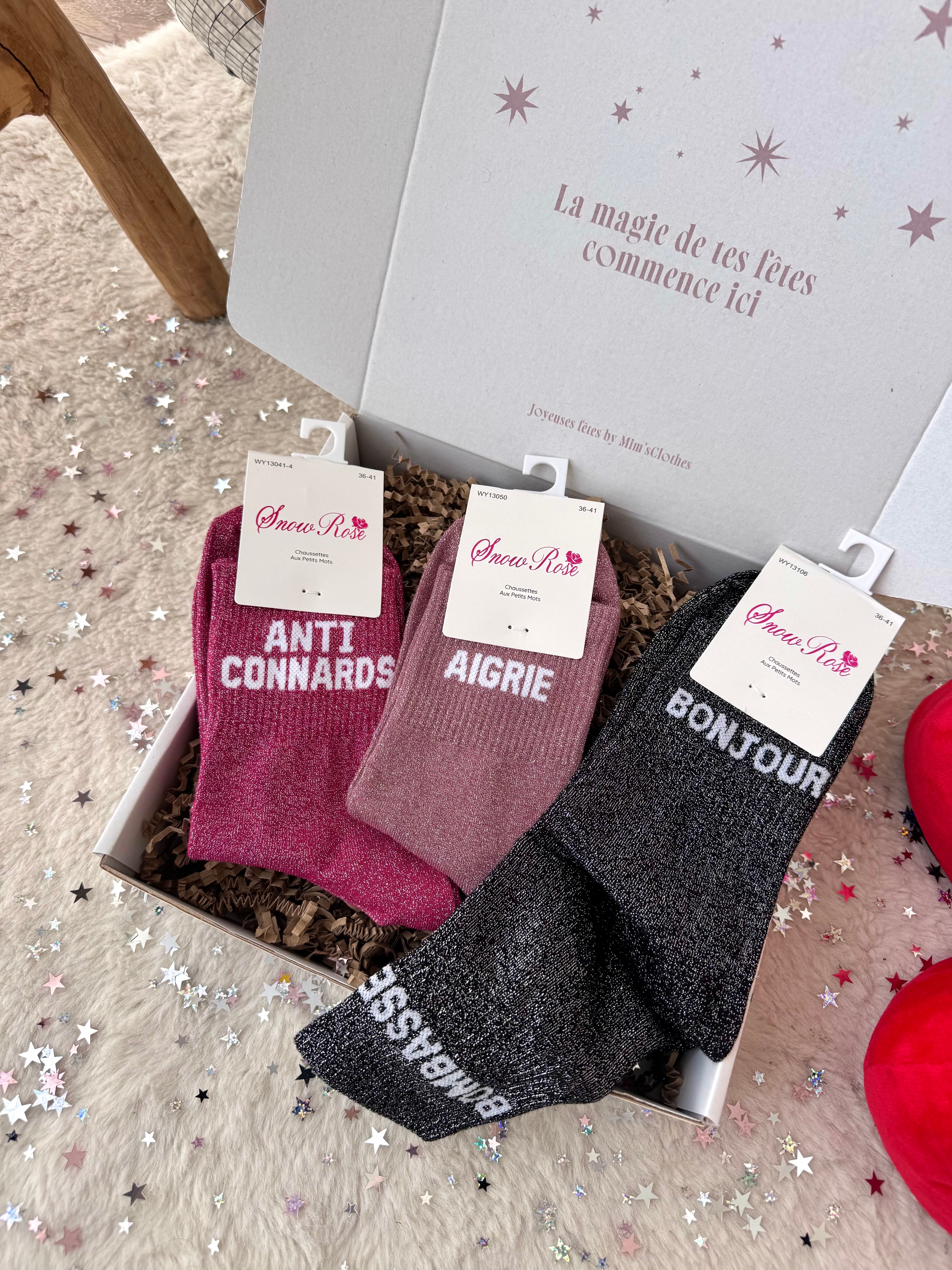 COFFRET CHAUSSETTES À PAILLETTES BONJOUR BOMBASSE/AIGRIE/ANTI CONNARD