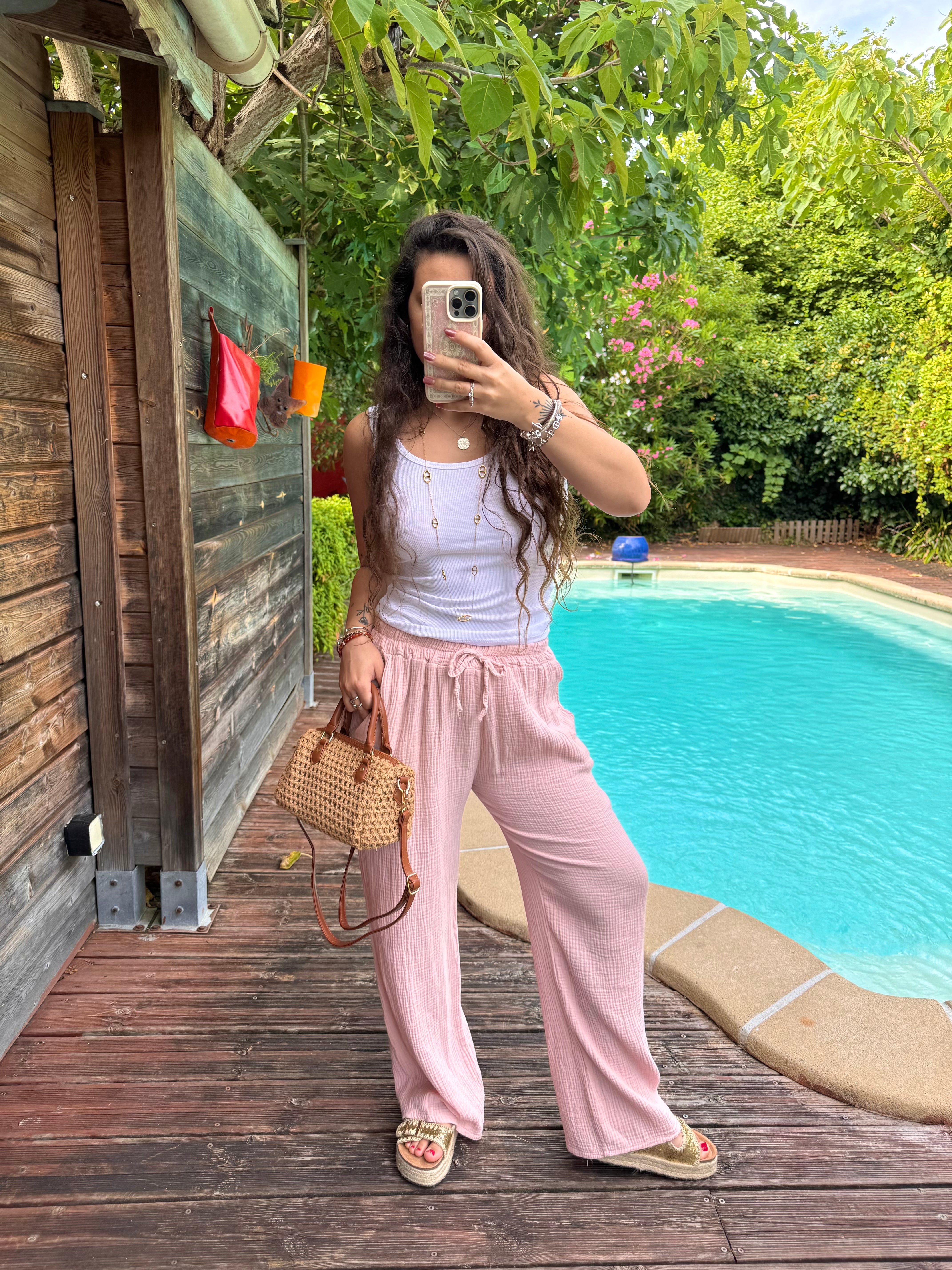 PANTALON GAZE DE COTON ROSE