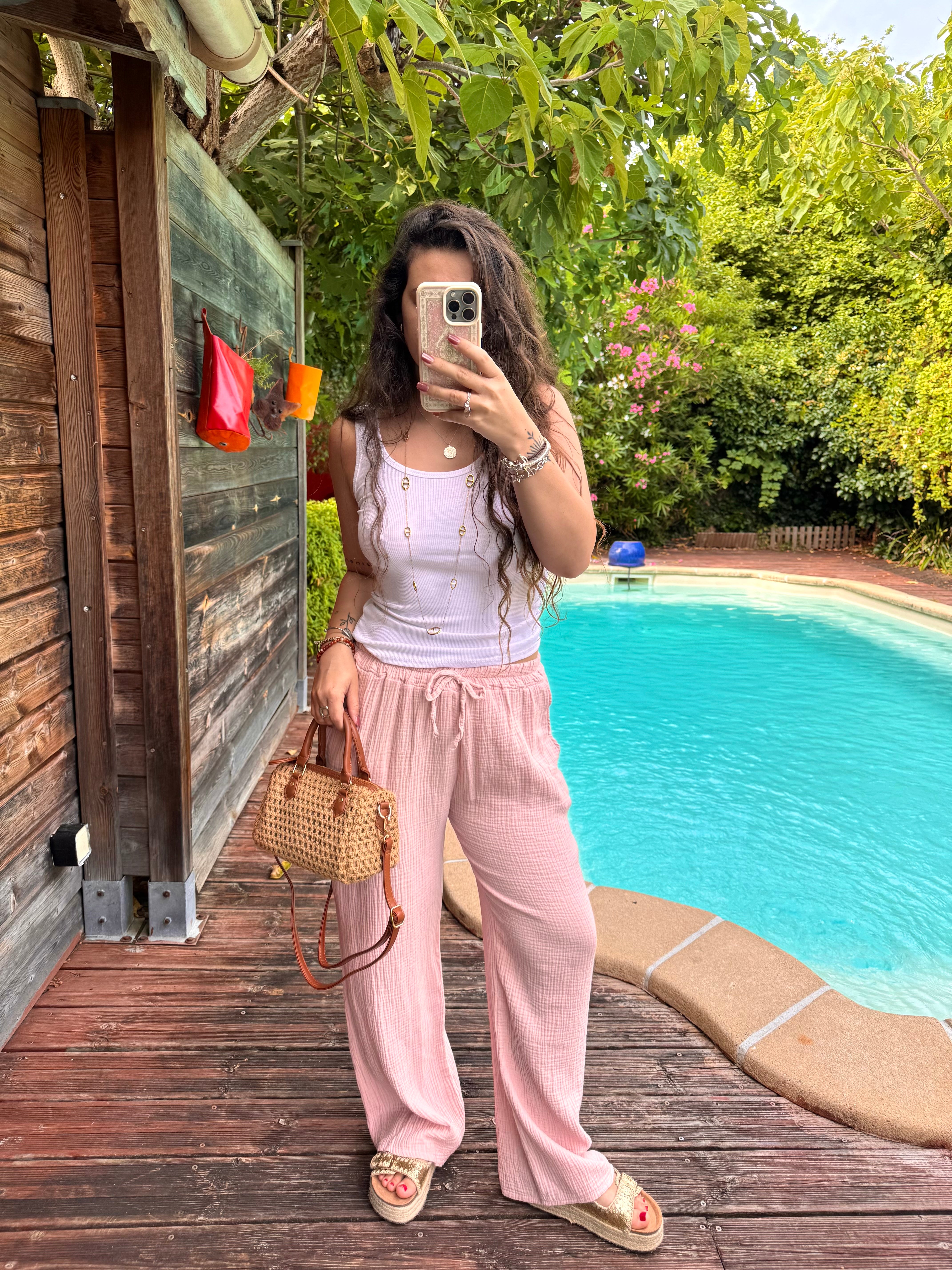 PANTALON GAZE DE COTON ROSE