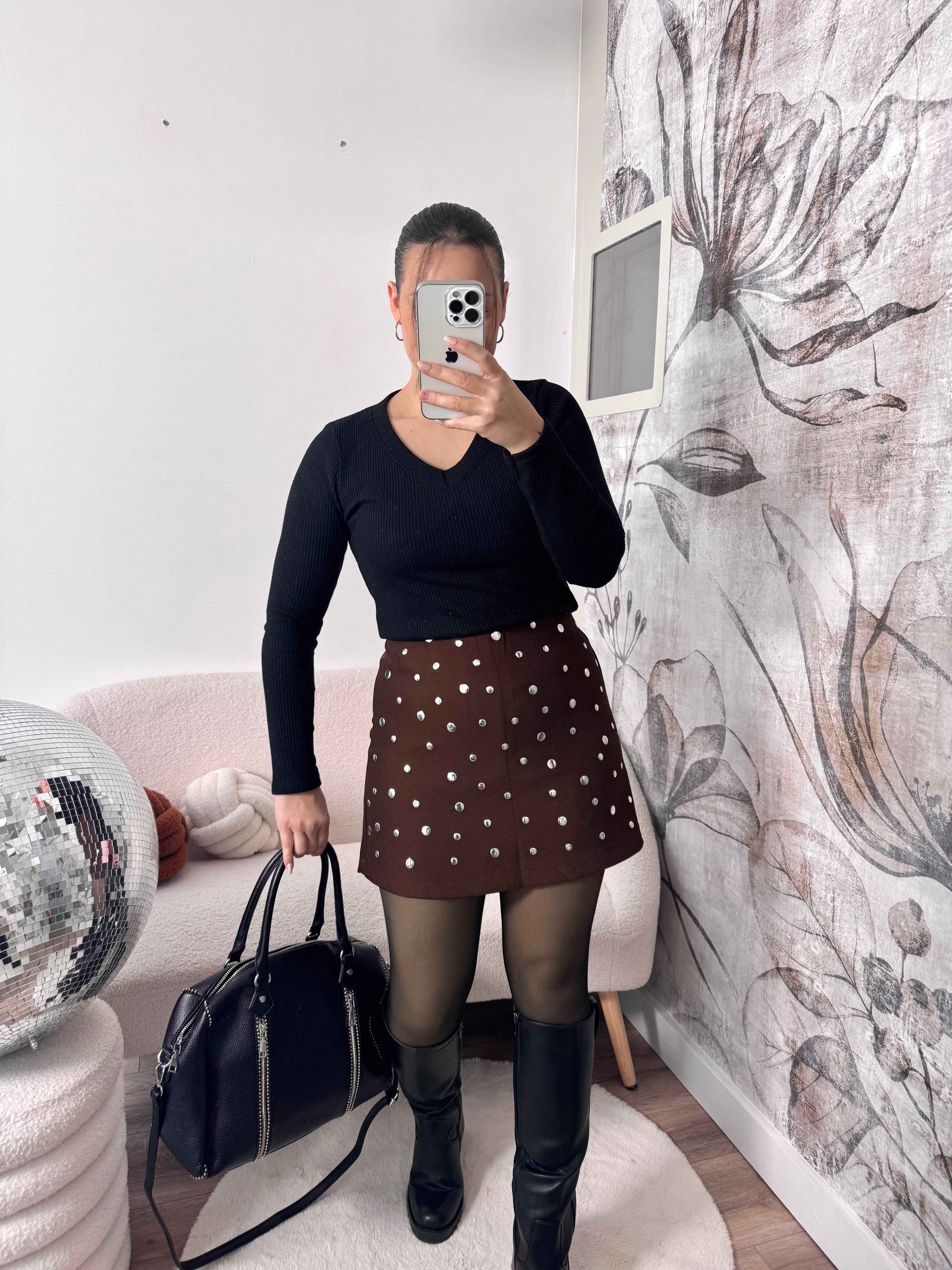 JUPE/SHORT MARRON POIS ARGENTÉ