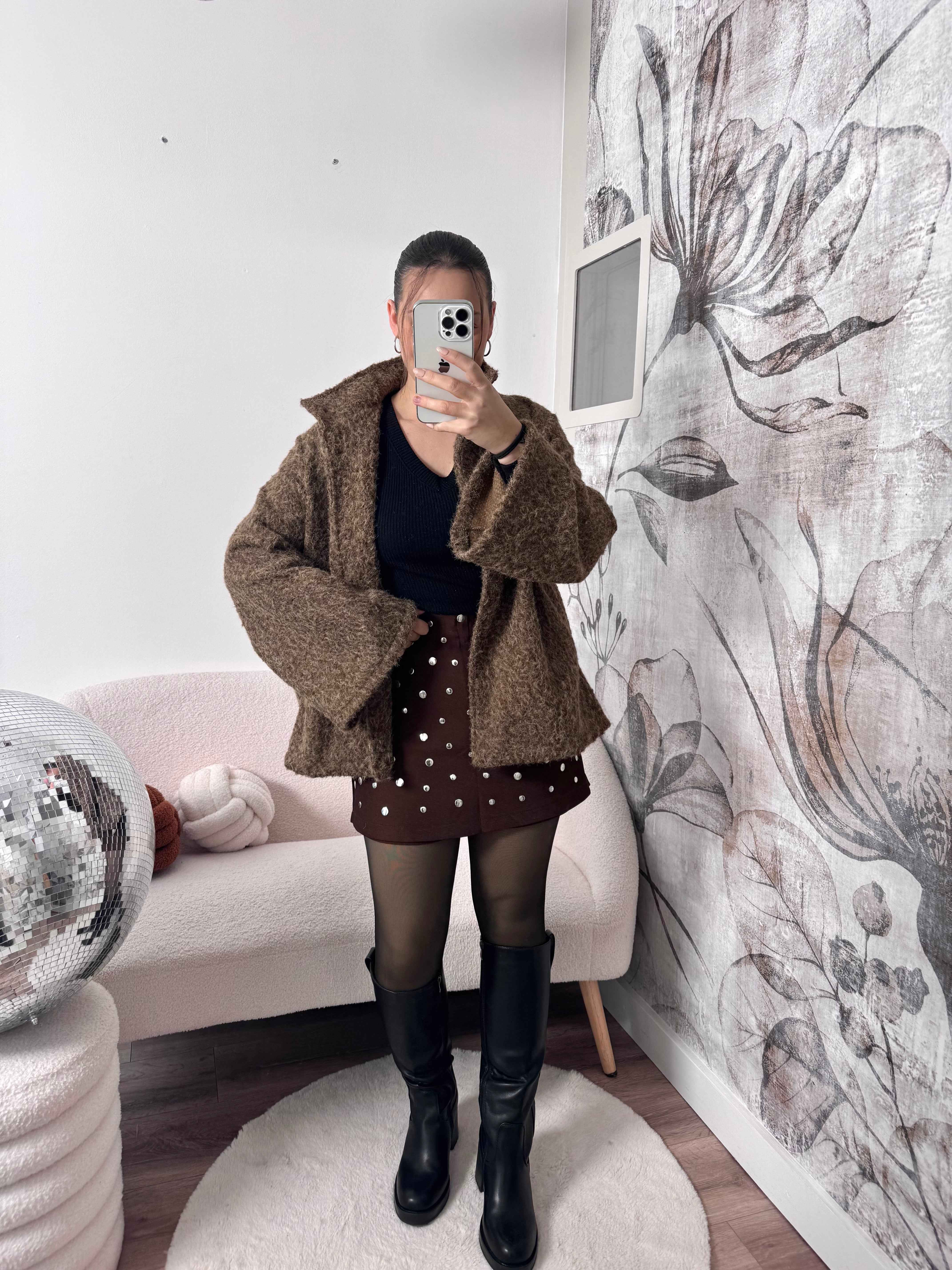 JUPE/SHORT MARRON POIS ARGENTÉ