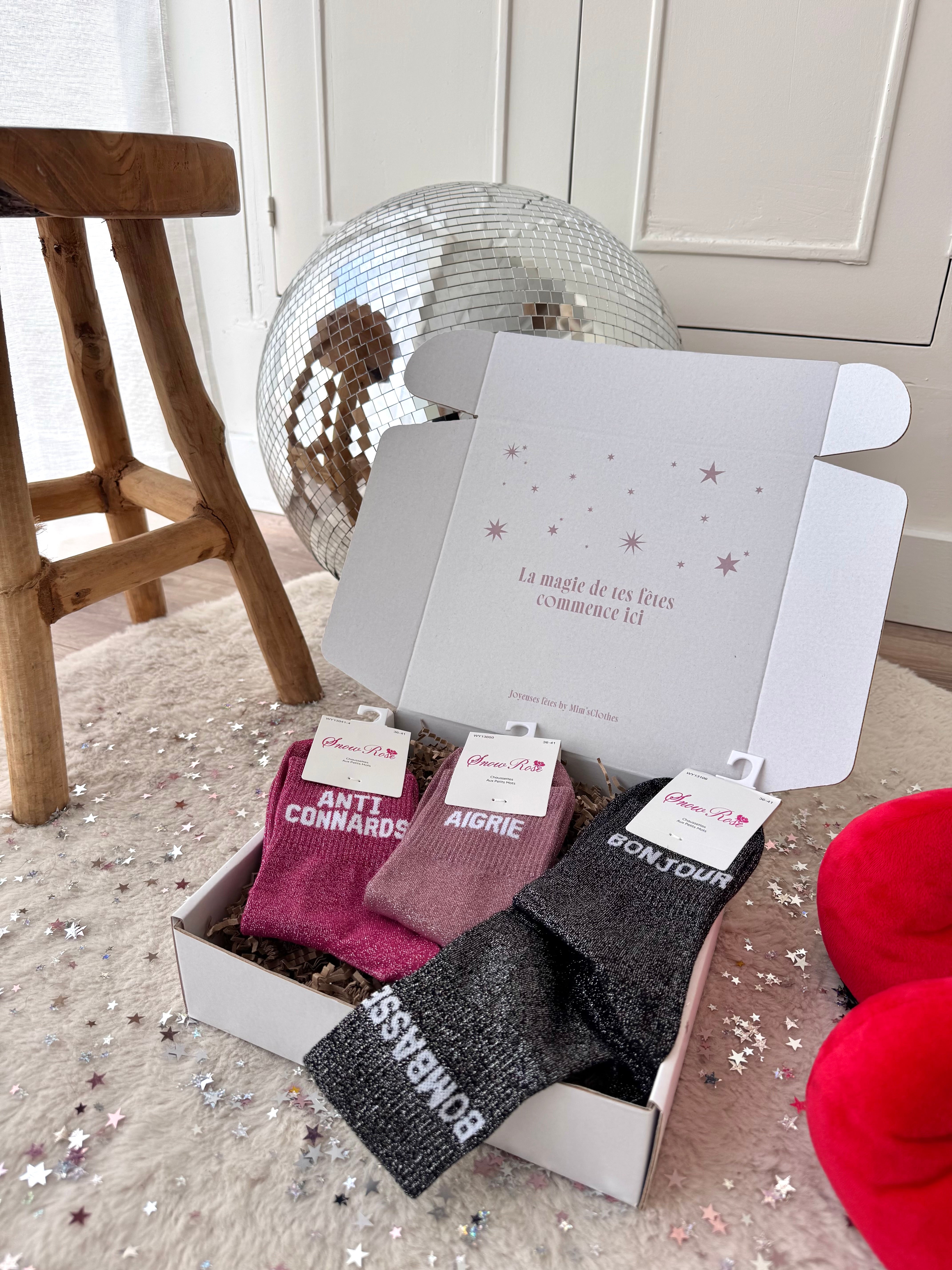 COFFRET CHAUSSETTES À PAILLETTES BONJOUR BOMBASSE/AIGRIE/ANTI CONNARD