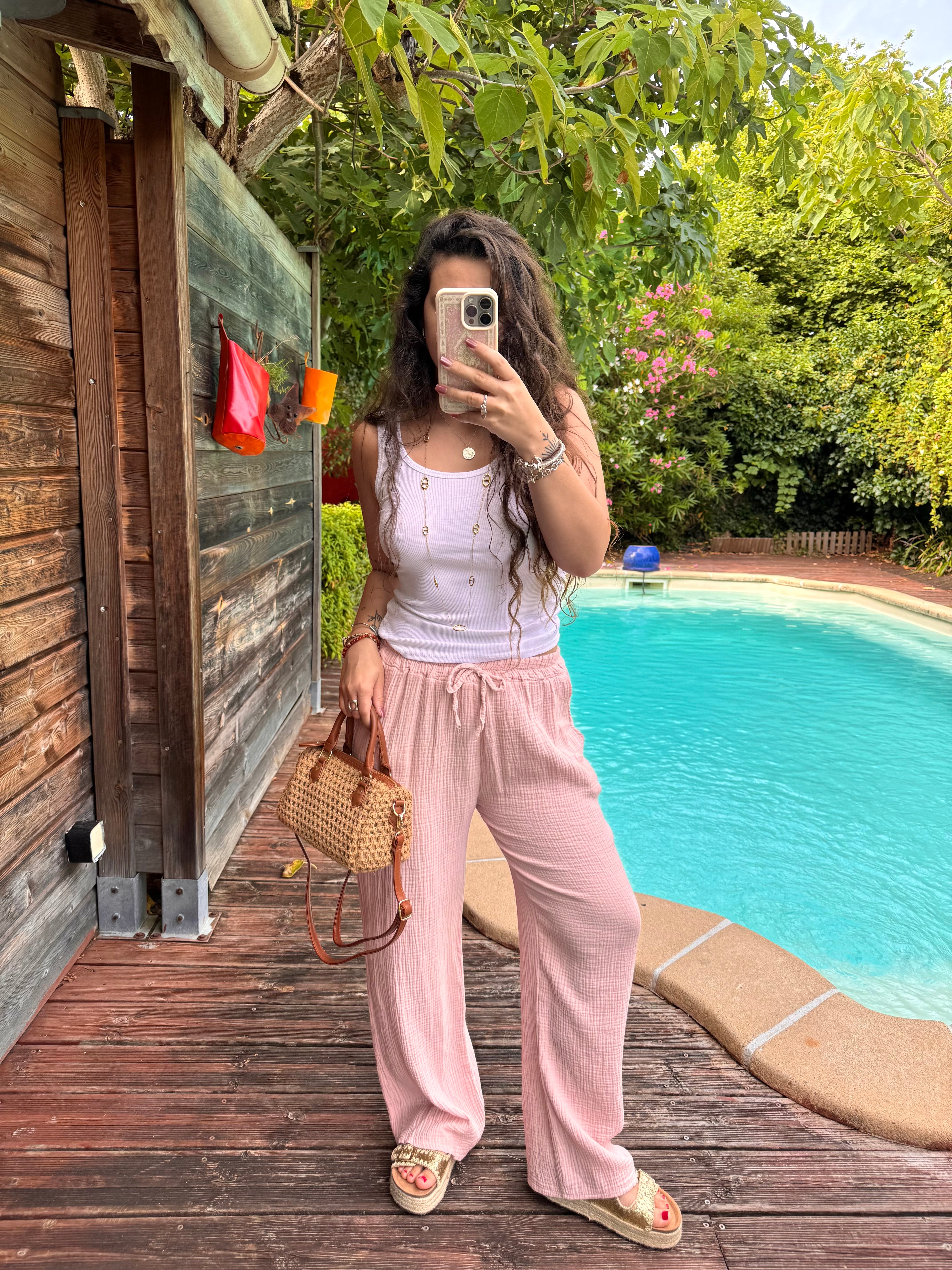 PANTALON GAZE DE COTON ROSE