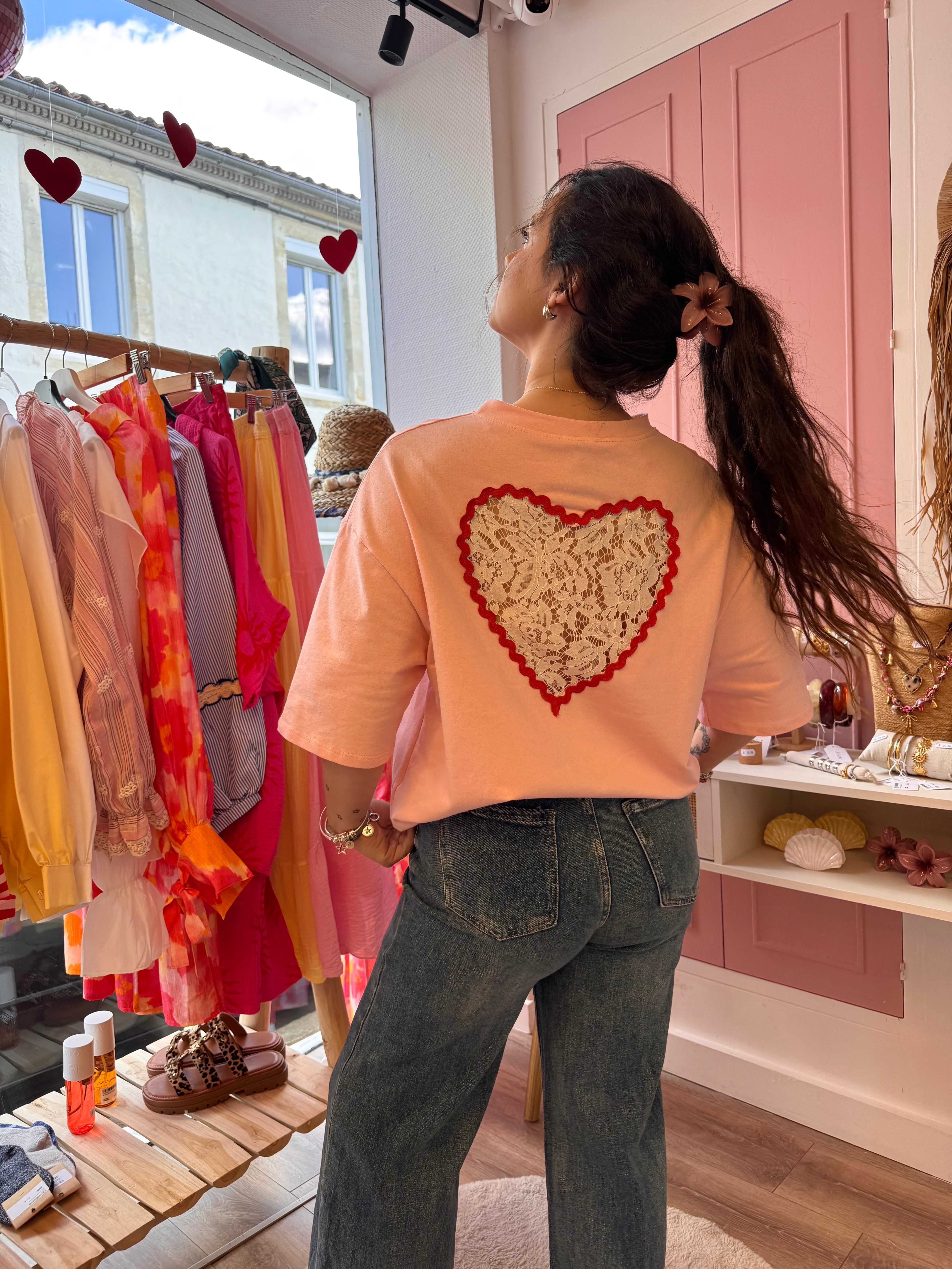 T-SHIRT COUP DE COEUR ROSE DENTELLE