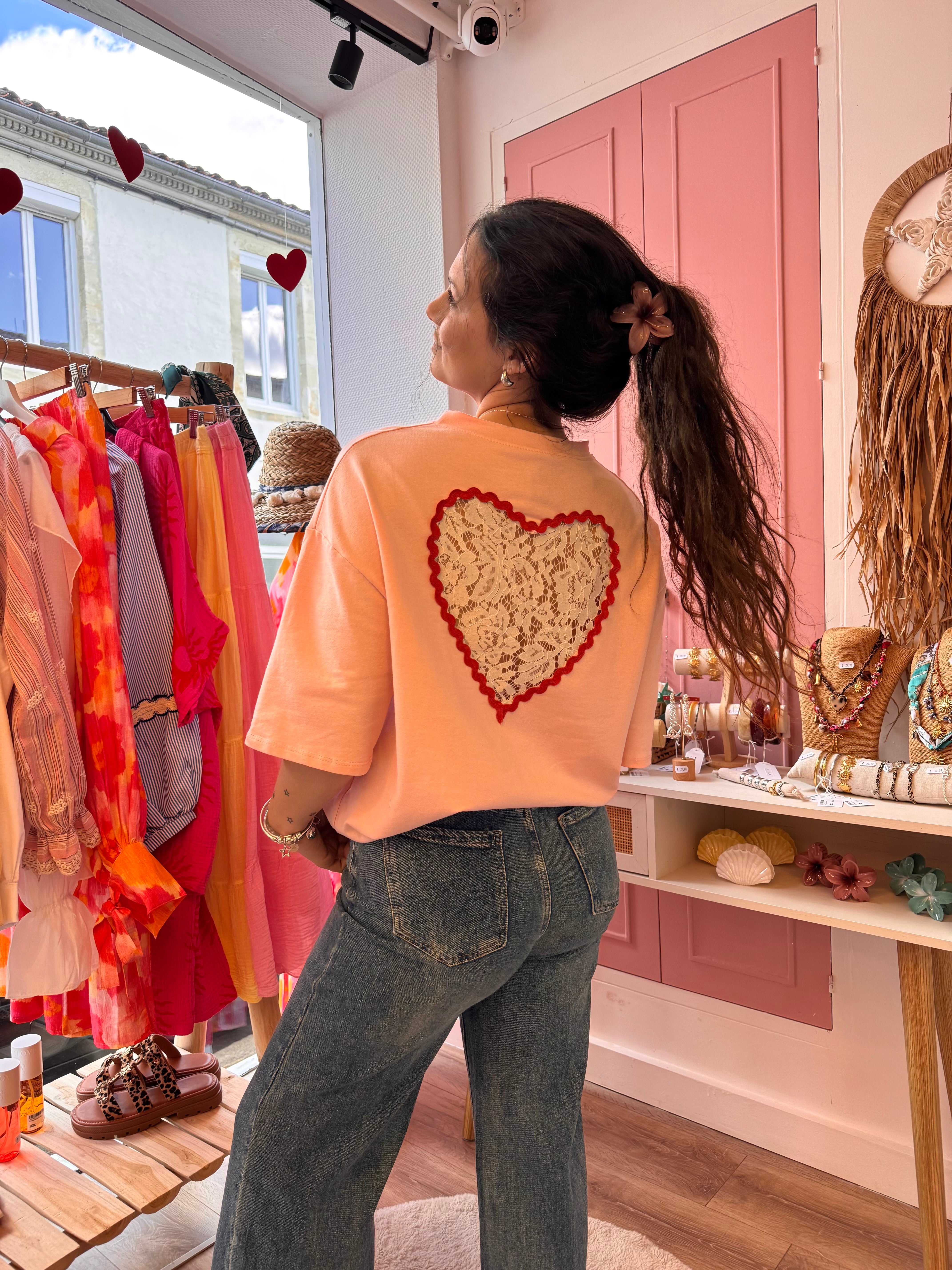 T-SHIRT COUP DE COEUR ROSE DENTELLE
