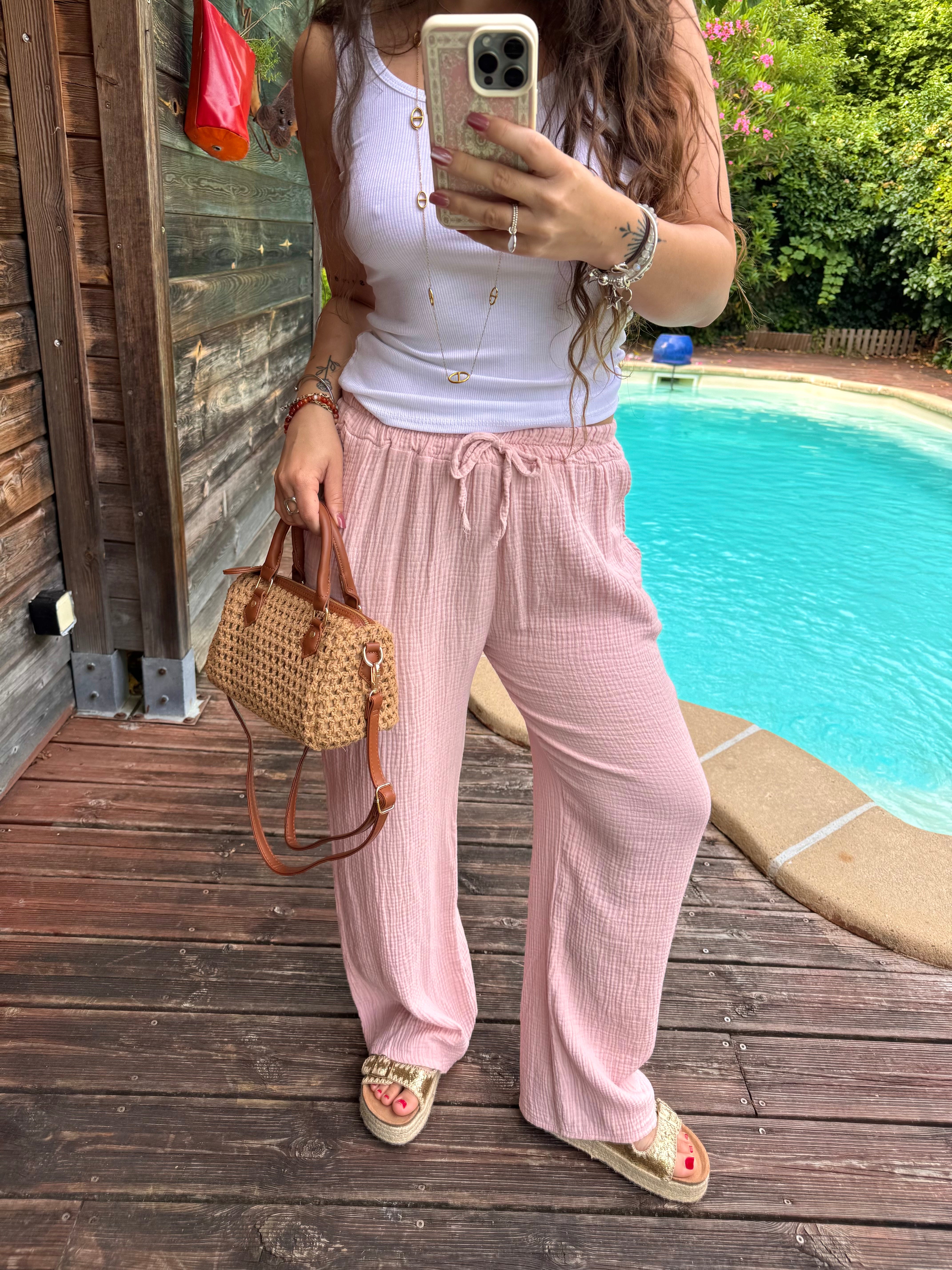 PANTALON GAZE DE COTON ROSE