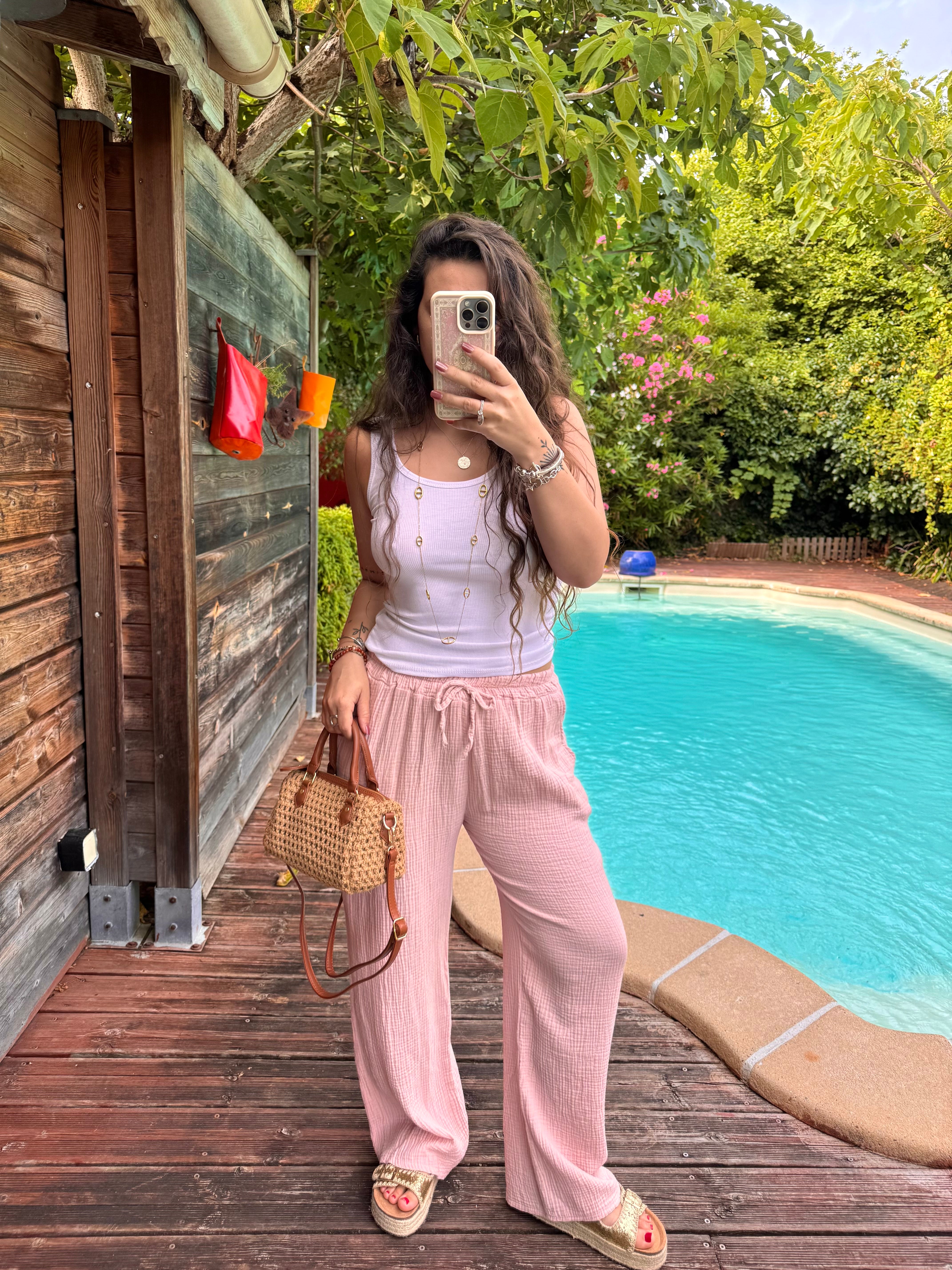 PANTALON GAZE DE COTON ROSE