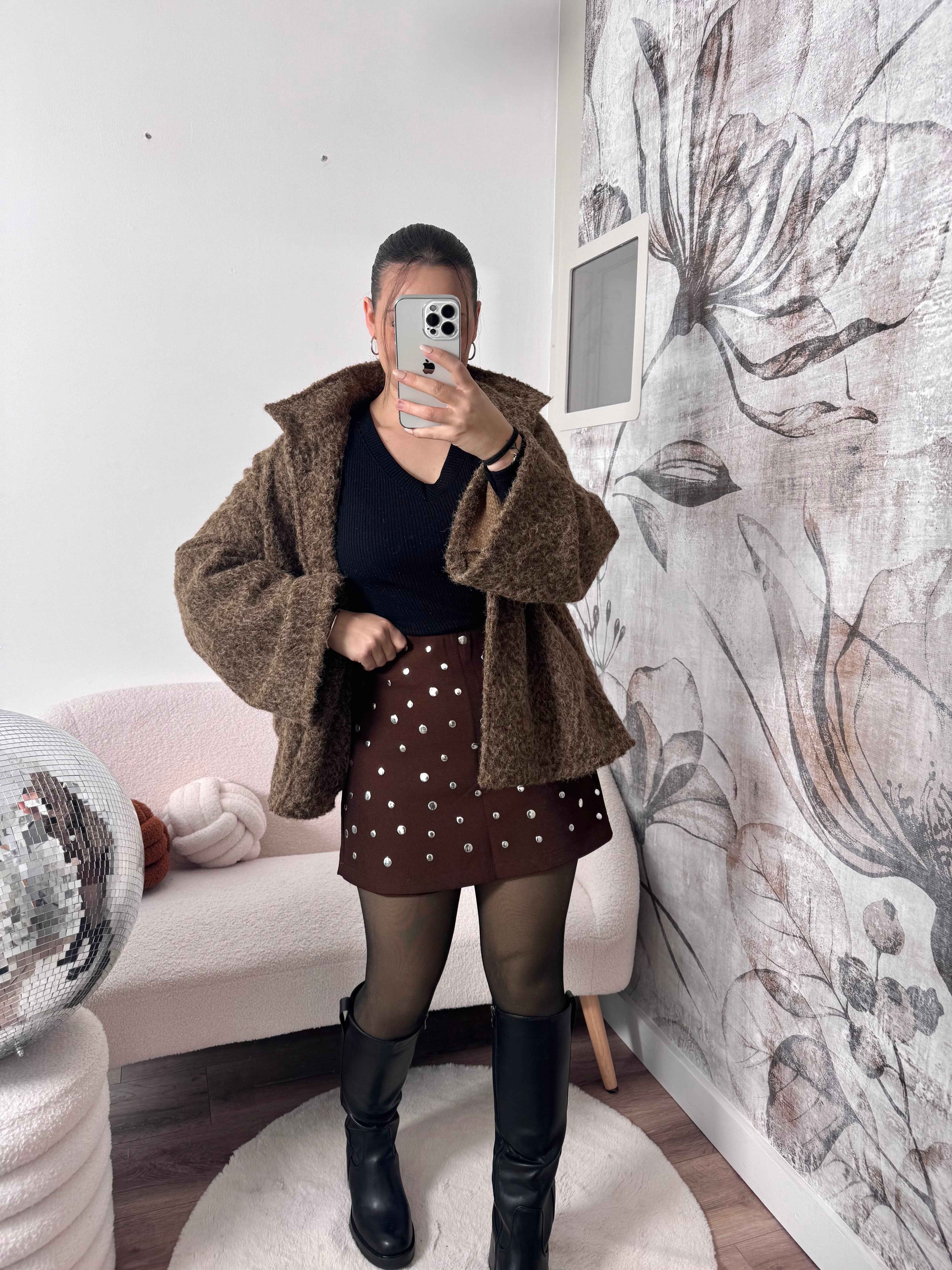 JUPE/SHORT MARRON POIS ARGENTÉ