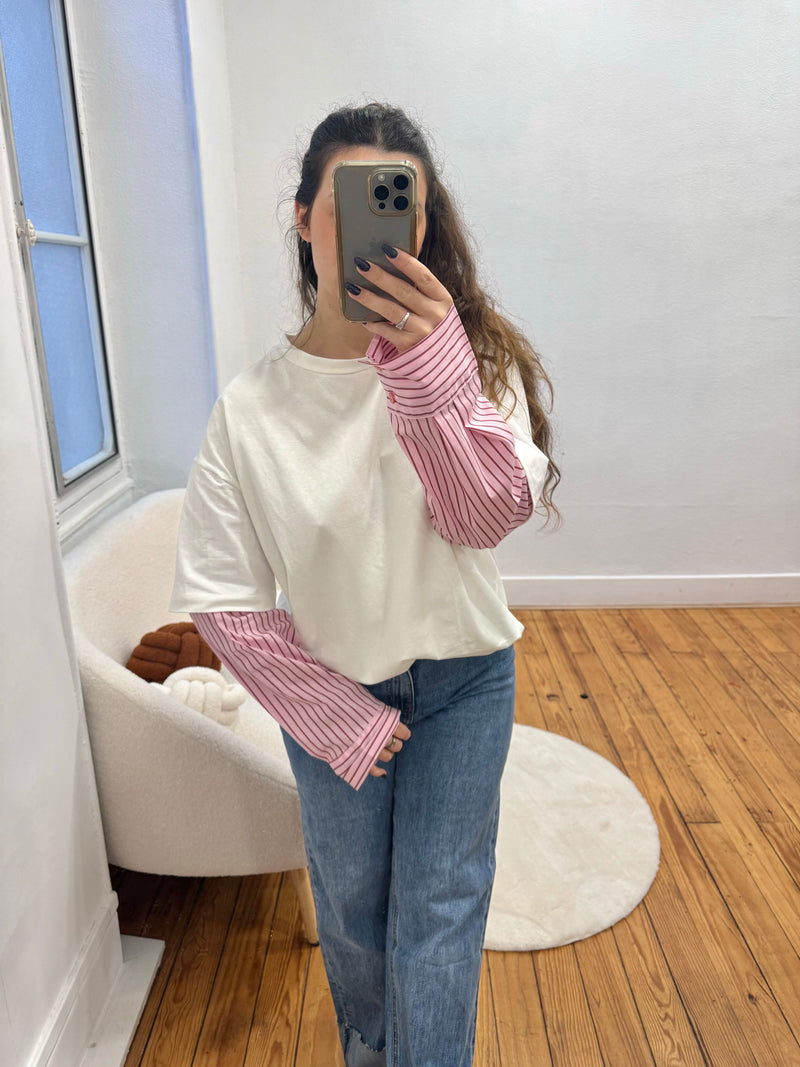 TEE-SHIRT MANCHE CHEMISE ROSE