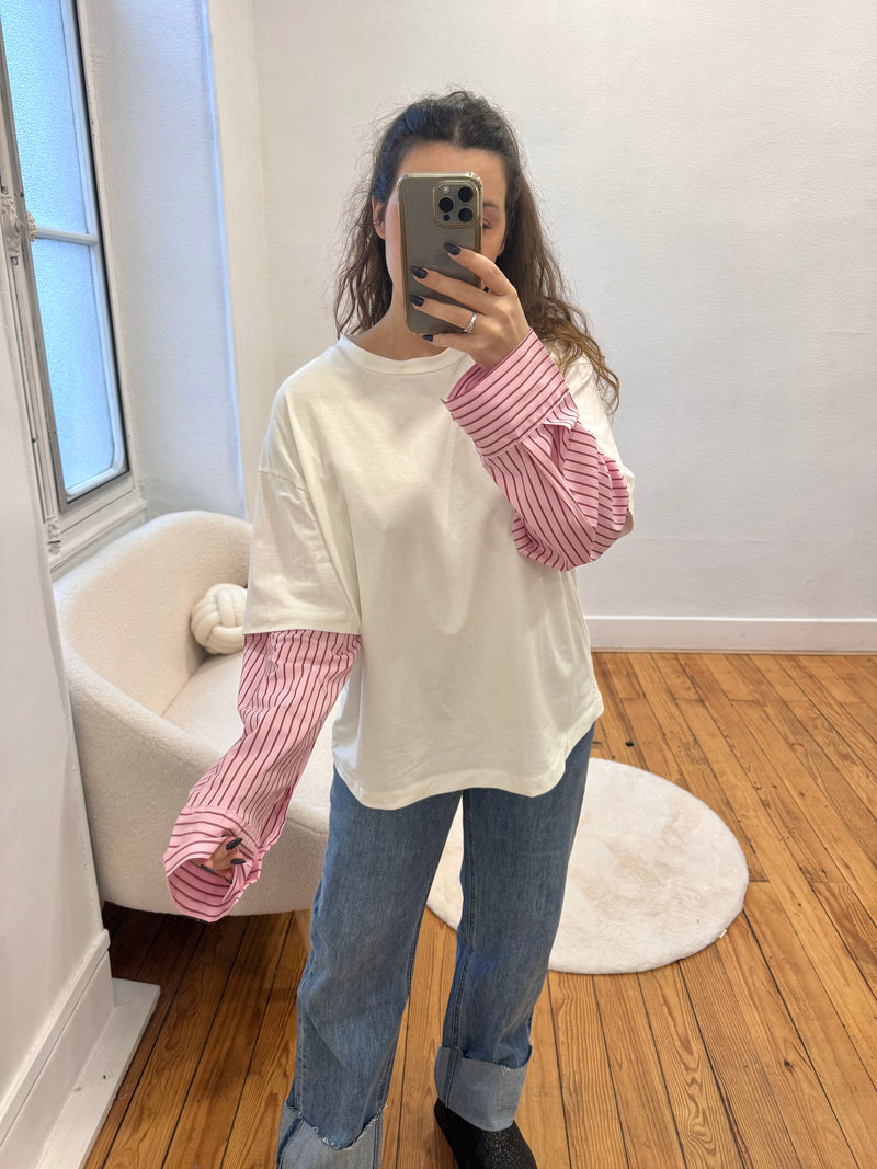 TEE-SHIRT MANCHE CHEMISE ROSE