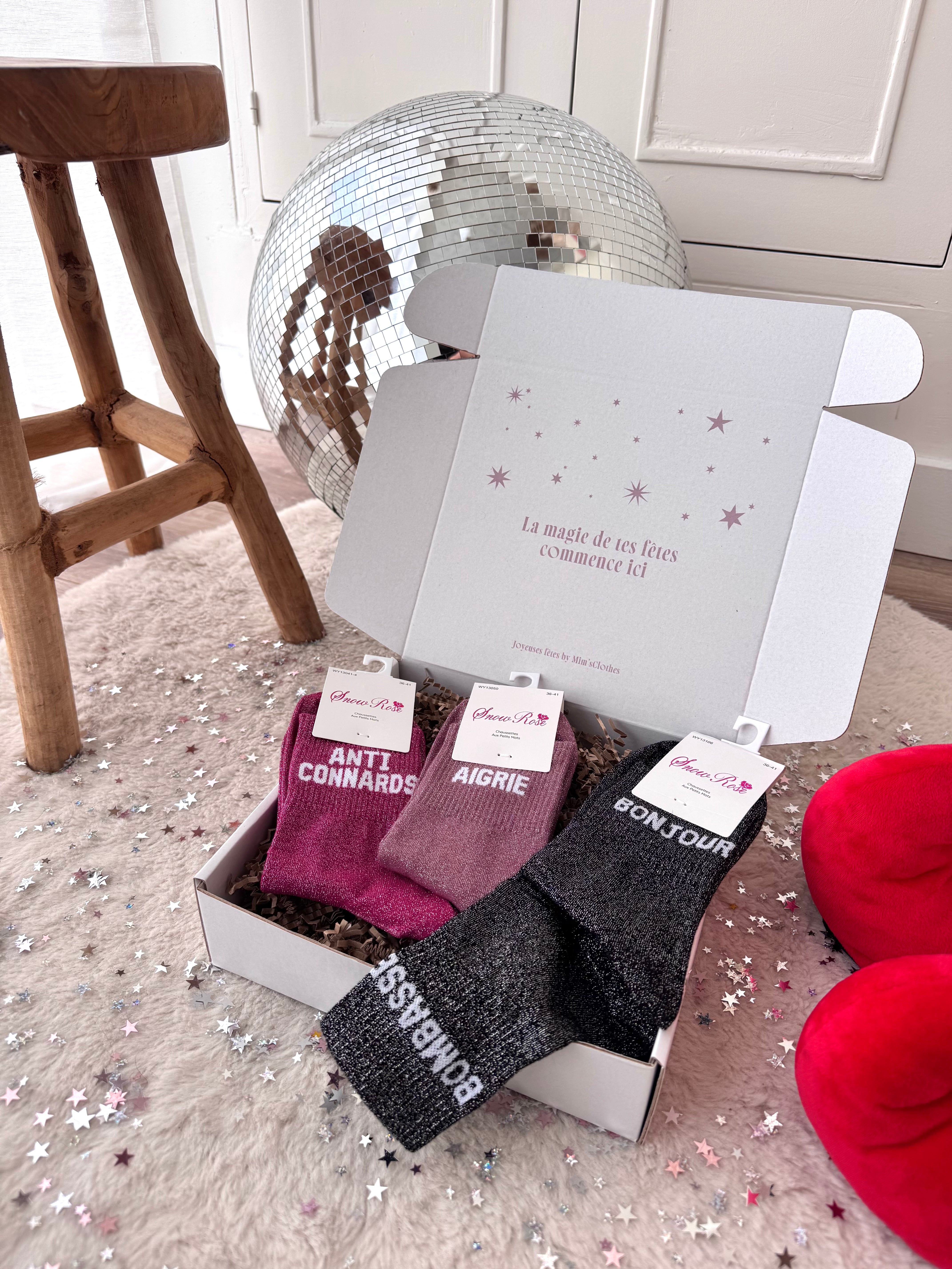 COFFRET CHAUSSETTES À PAILLETTES BONJOUR BOMBASSE/AIGRIE/ANTI CONNARD