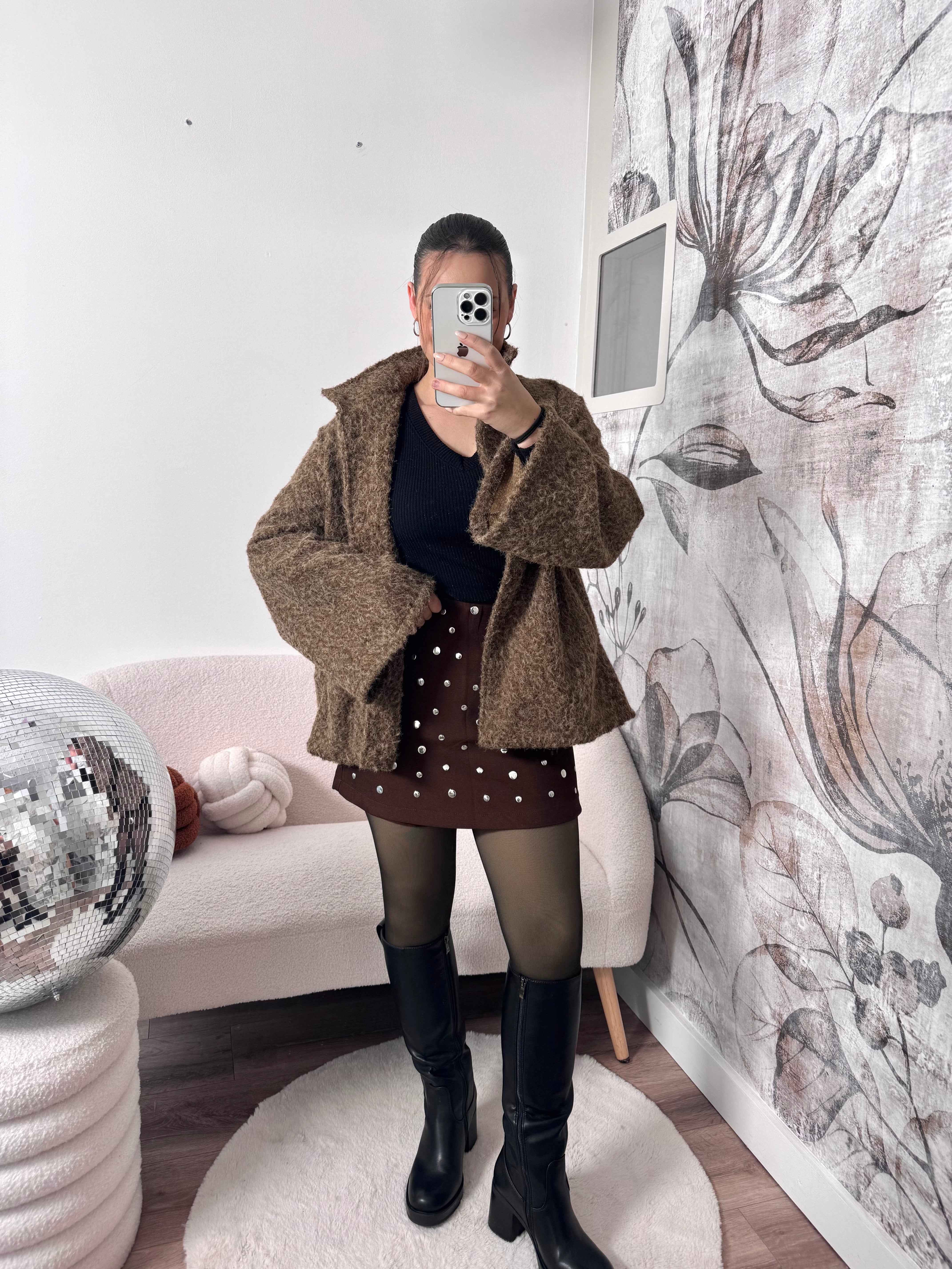 JUPE/SHORT MARRON POIS ARGENTÉ