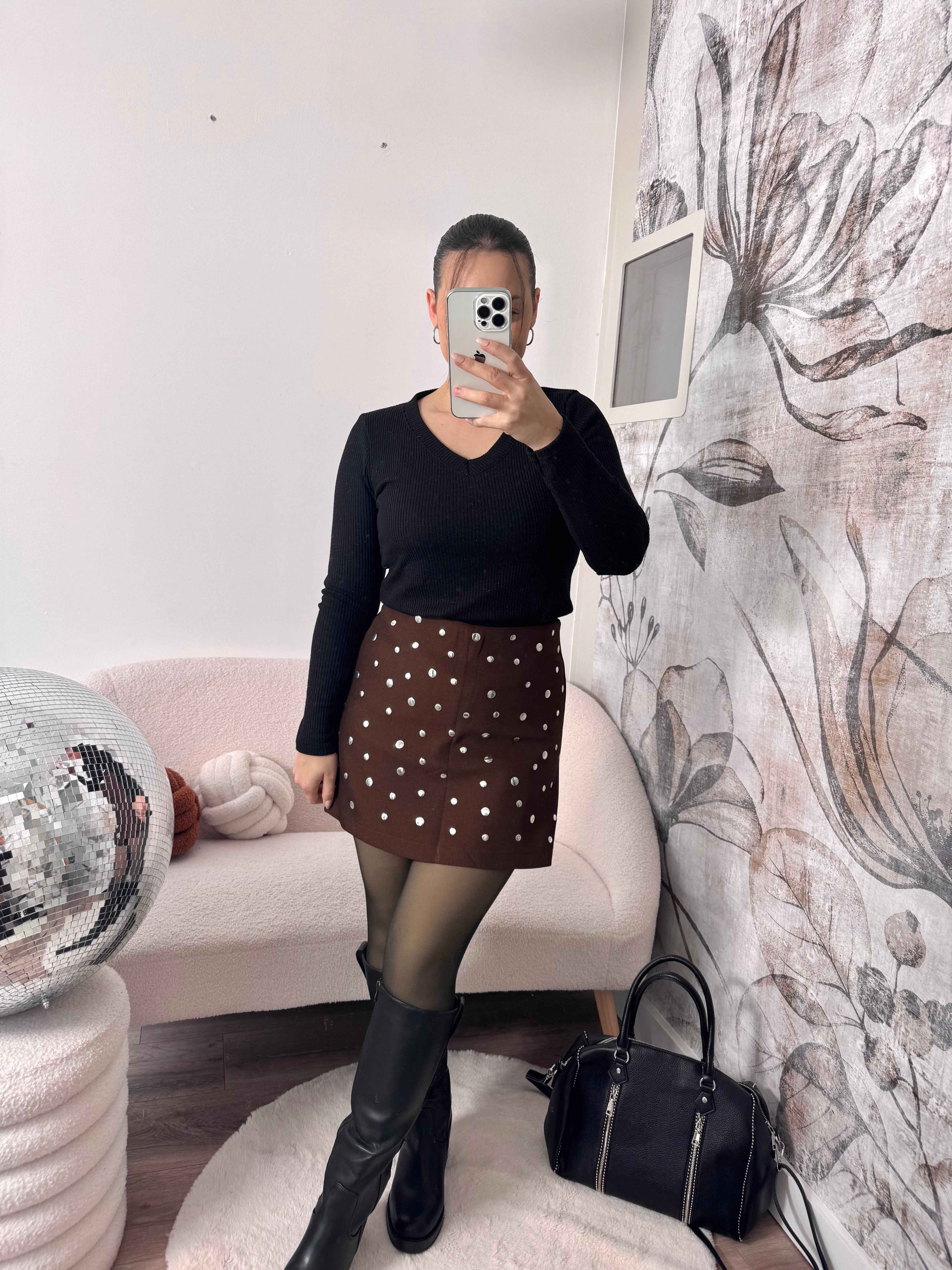 JUPE/SHORT MARRON POIS ARGENTÉ