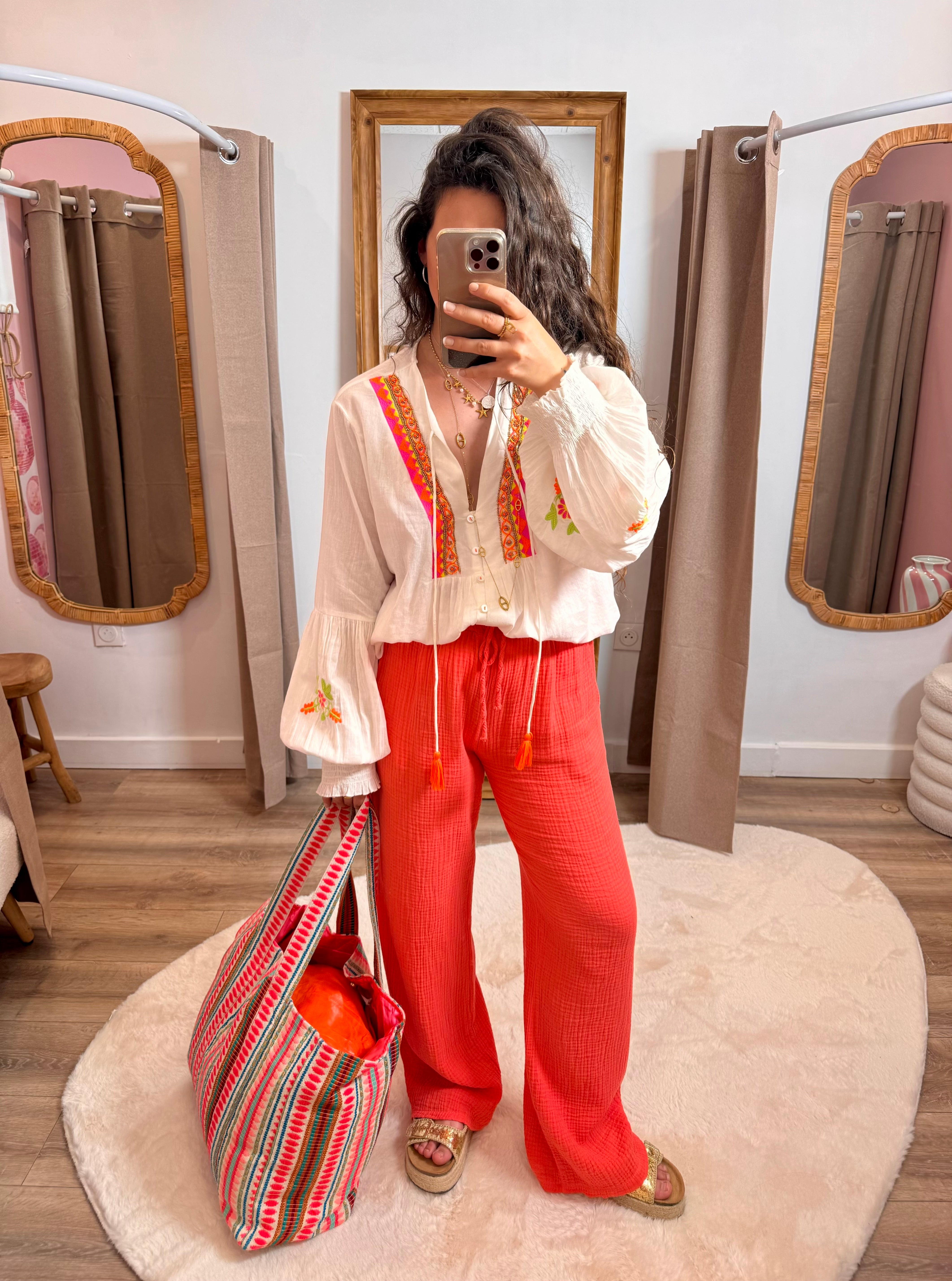 PANTALON GAZE DE COTON CORAIL