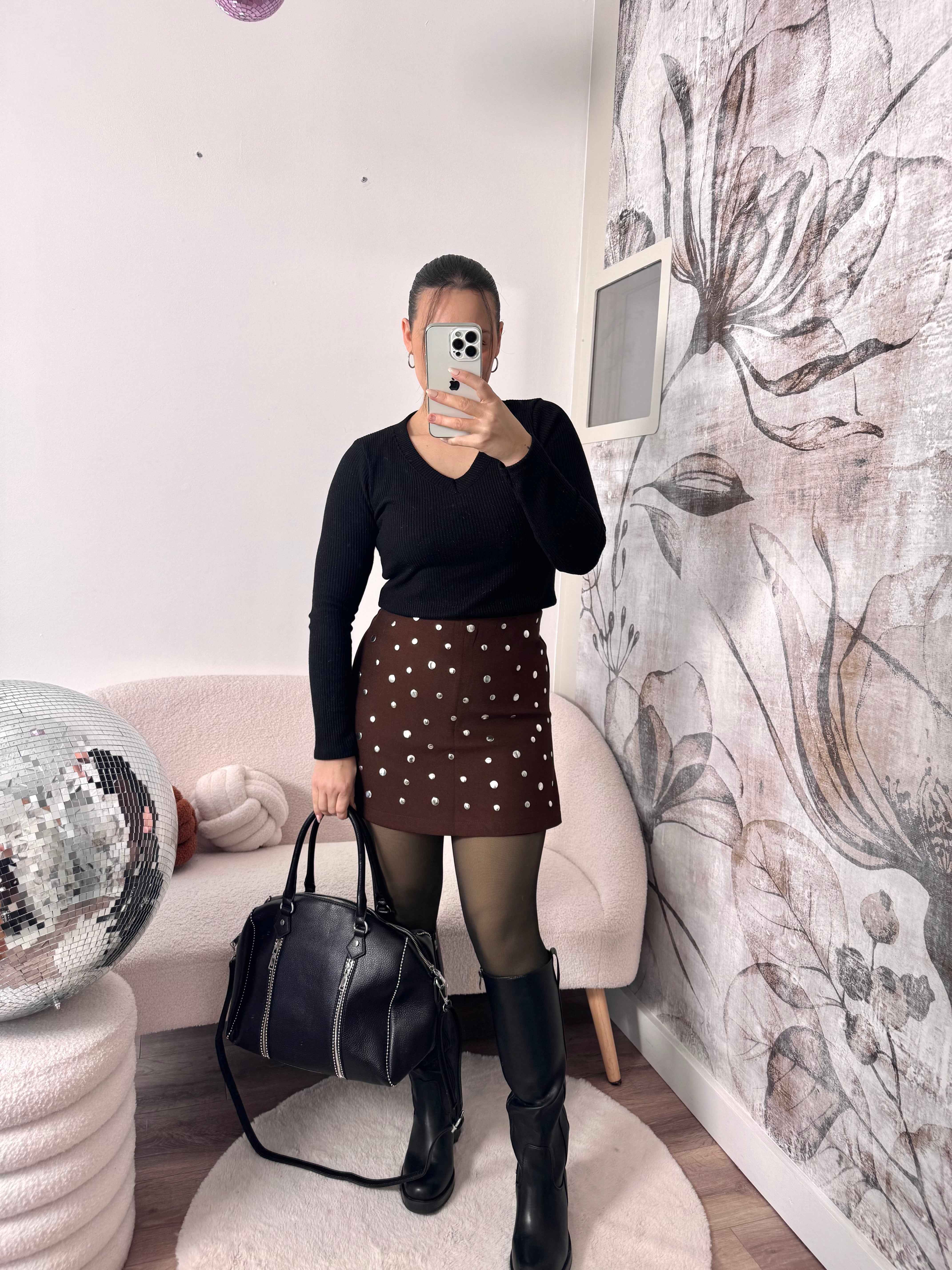 JUPE/SHORT MARRON POIS ARGENTÉ