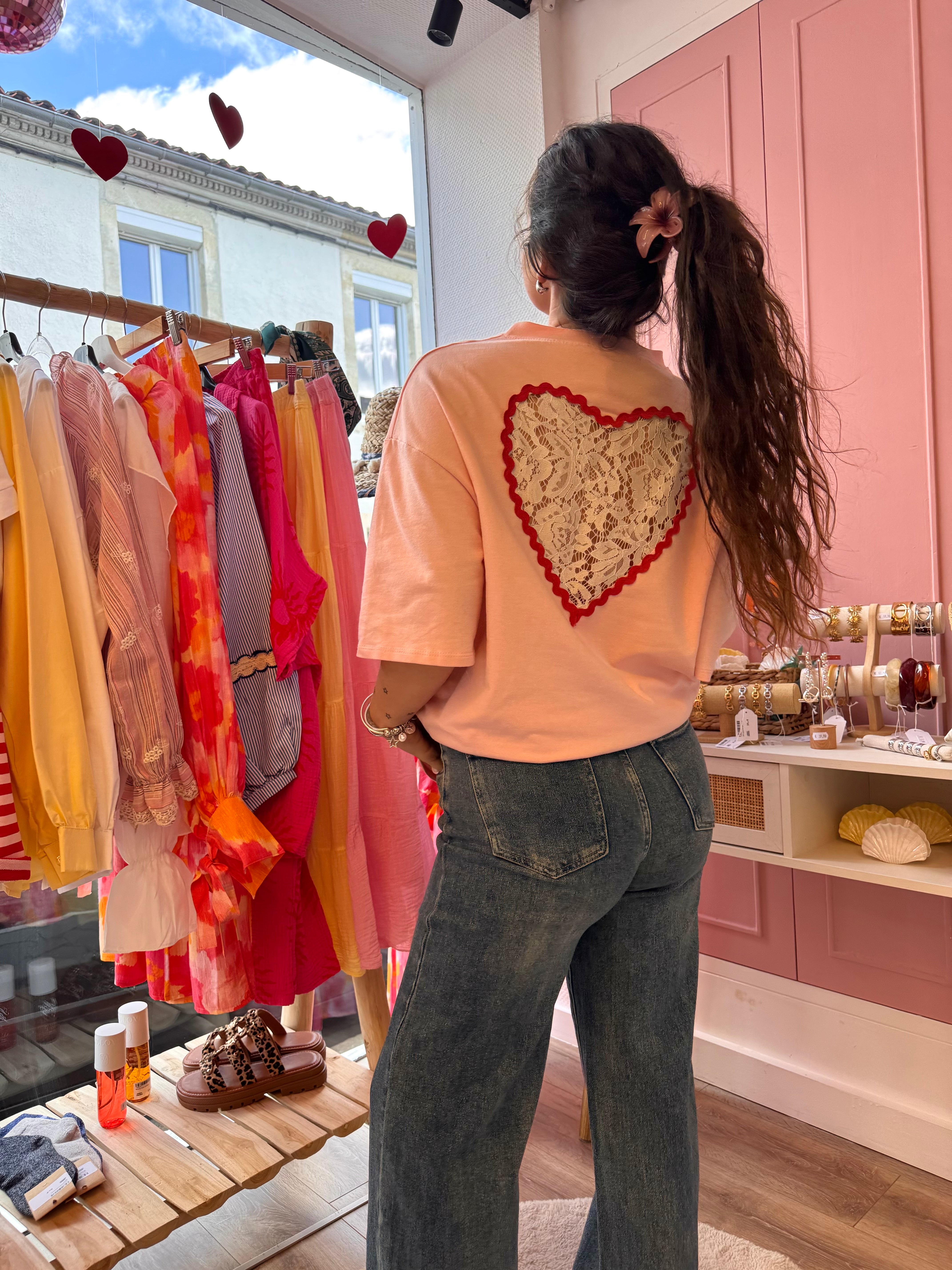 T-SHIRT COUP DE COEUR ROSE DENTELLE