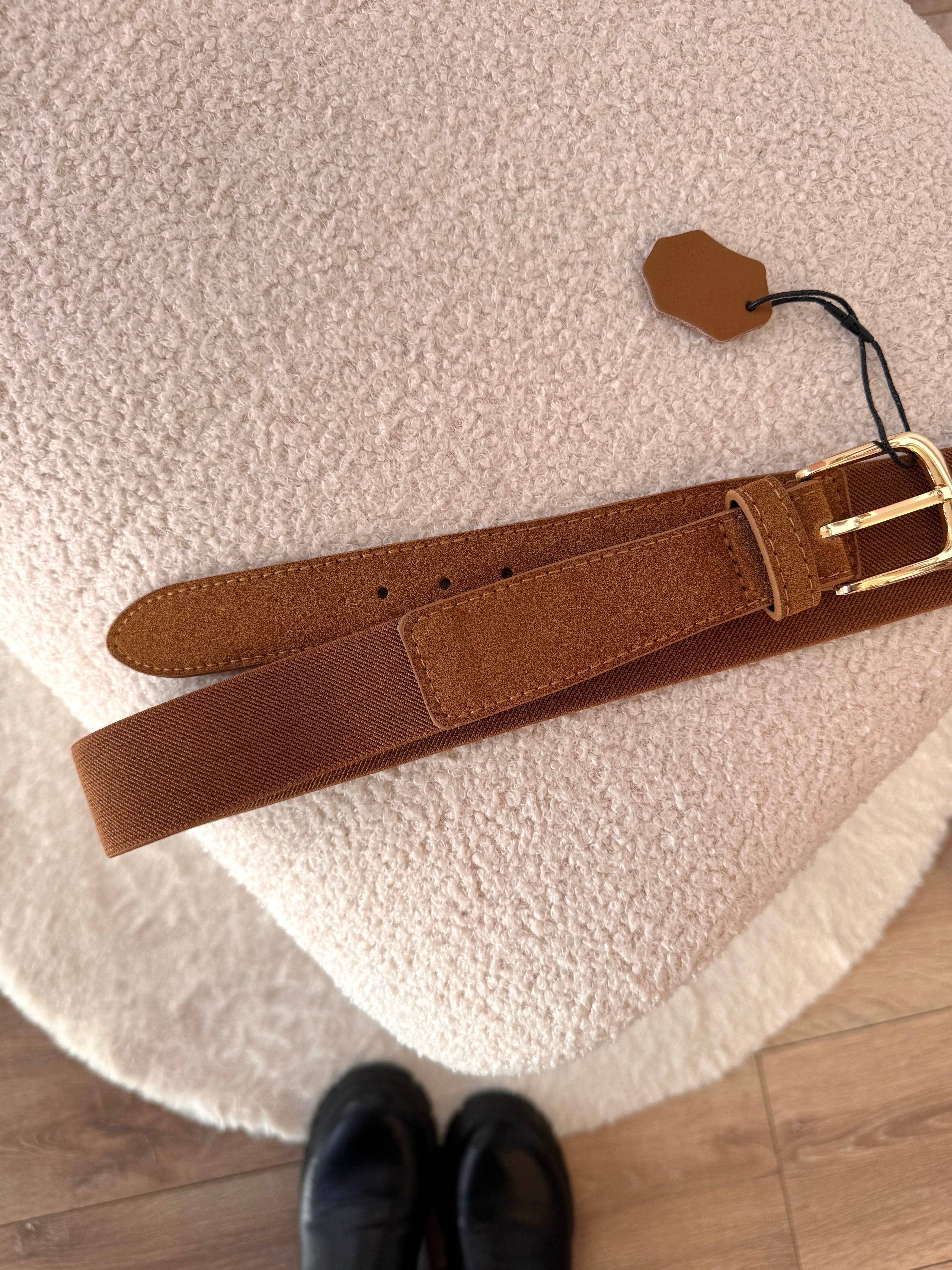 Ceinture lisse à boucle fantaisie en métal brossé femme marron vif