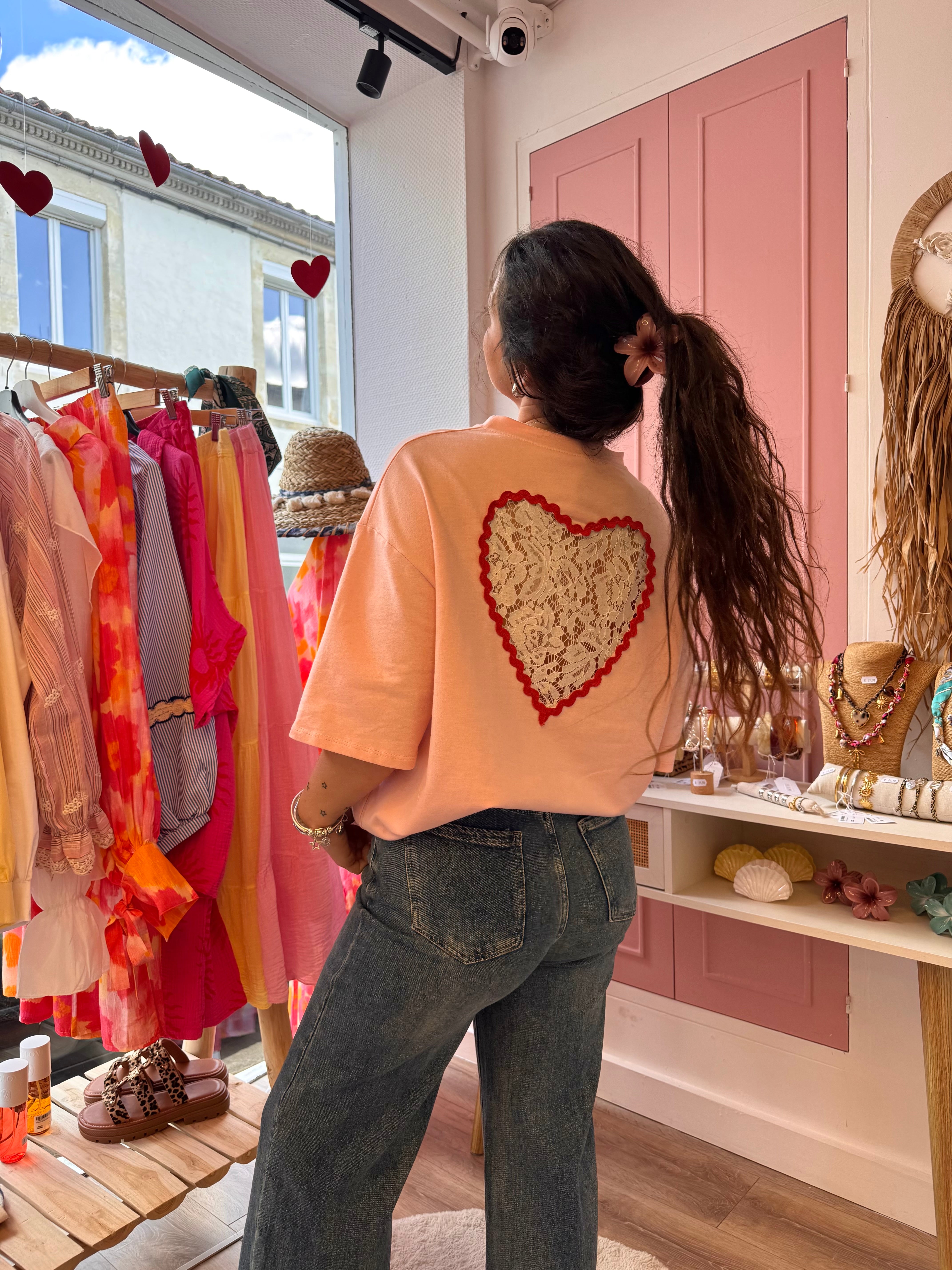 T-SHIRT COUP DE COEUR ROSE DENTELLE