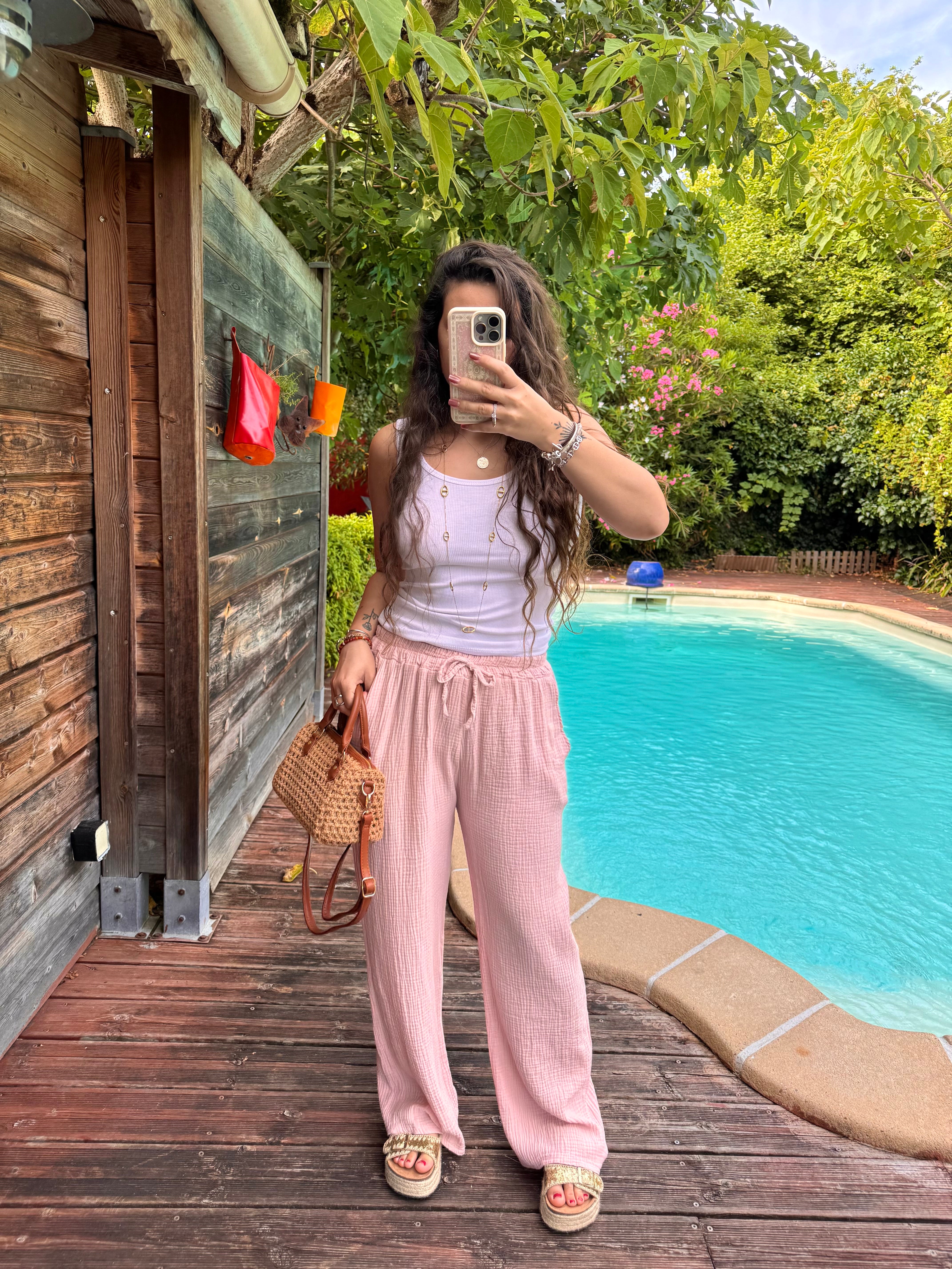 PANTALON GAZE DE COTON ROSE