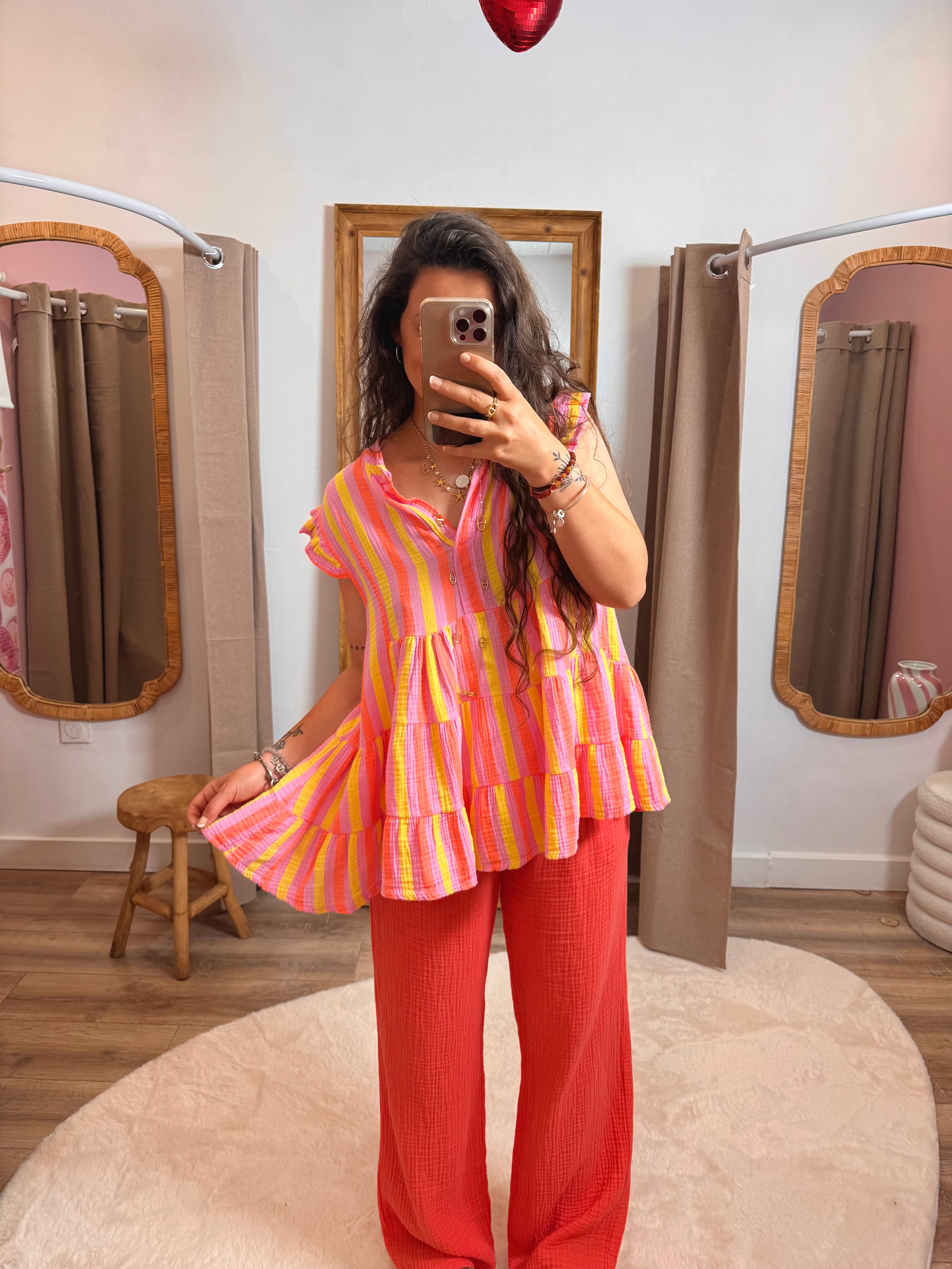 HAUT RAYÉ GAZE DE COTON ORANGE